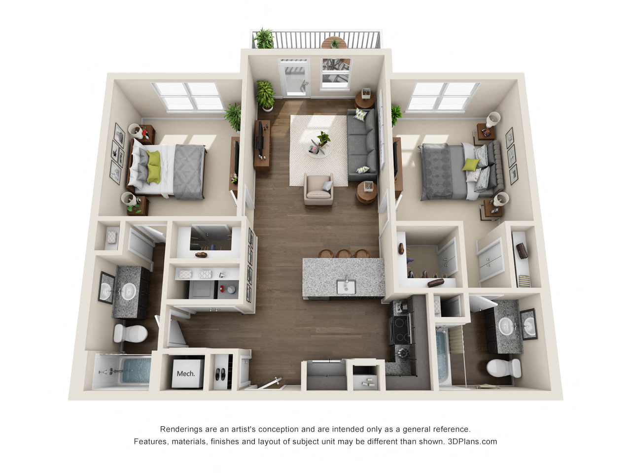 Floor plan for 2 beds, 2 baths, 1051 sqft